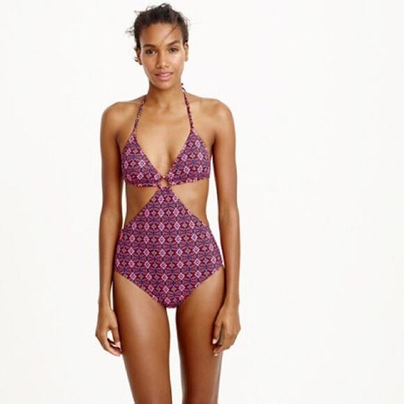 J. Crew O Ring Circle Side Cutout Waist One Piece Swimsuit Womens 4 Geo Print - Picture 1 of 12